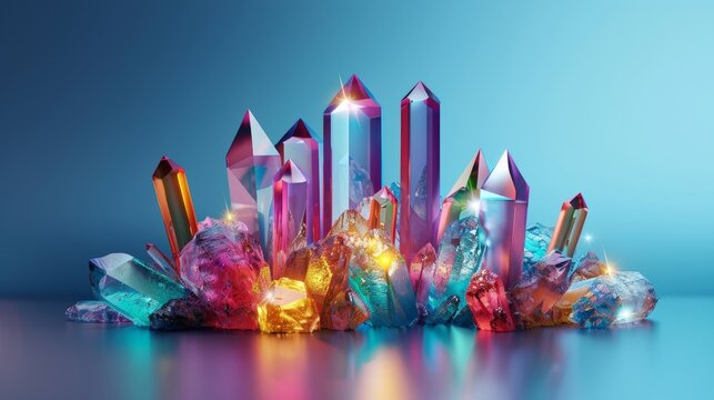 Colorful crystals on a blue background, rendered in 3D. Fantasy wallpaper for the modern era.