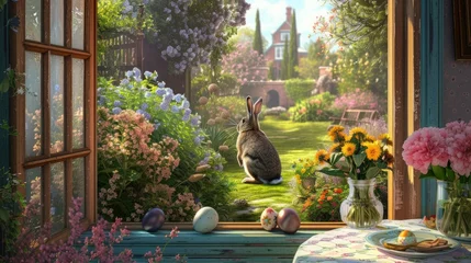 Poster An art piece showcasing a rabbit sitting on a table in front of a window, set against a natural landscape with plants, flowers, and trees AIG42E © Summit Art Creations