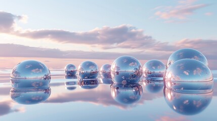 In this 3D render, there is an abstract futuristic background, panoramic landscape, fantastic landscape with shiny chrome balls and silver spheres inside the calm water, under a blue gradient sky.