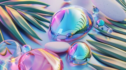 Colorful iridescent glass shapes, smooth pebbles, tropical leaves, trendy background in 3D