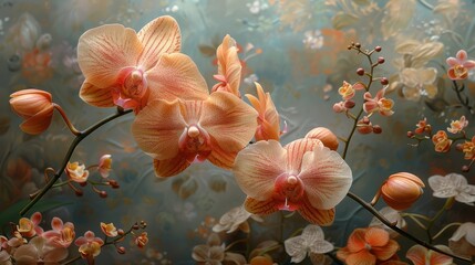   A close-up of a group of flowers with orange and pink petals in the foreground and a blurred background - obrazy, fototapety, plakaty