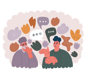 Cartoon vector illustration of Happy two generations male family old senior mature father and smiling young adult grown son enjoying talking chatting