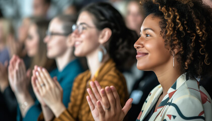Obraz premium Group of diverse young women applauding, clapping hands at successful meeting or presentation. Generative AI