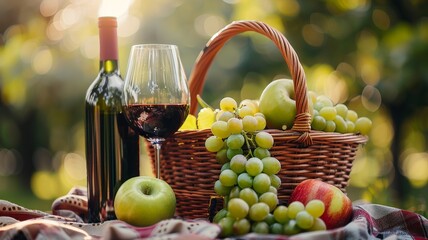 Lush green grapes and crisp apples in a picnic basket with red wine