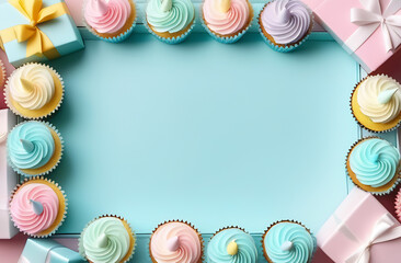Frame of blue and pink cakes with mets for copyspace text. Determination of the sex of the child. Celebration of finding out the sex of the unborn child