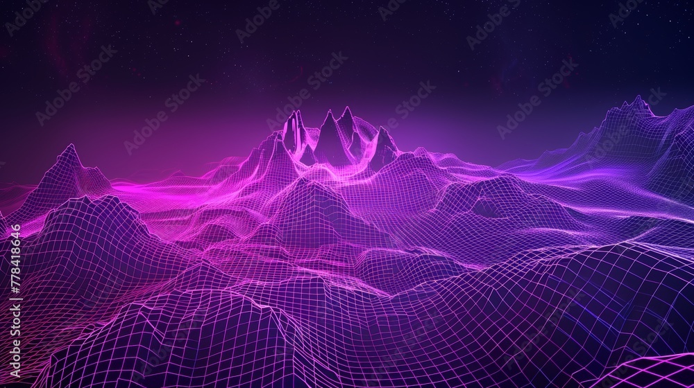 Poster the landscape is made of neon wireframes with a violet background and an unreal mountain range in th