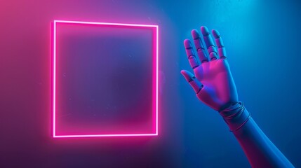 Rendering of a 3D mannequin hand holding a neon square frame. Wallpaper of futuristic technology.