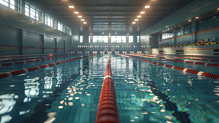 Sunlit swimming pool lanes ready for a race with clear blue water - obrazy, fototapety, plakaty