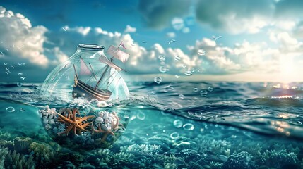 Maritime treasure tucked inside a glass vessel, adrift on the vast ocean. - obrazy, fototapety, plakaty