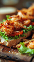 Fried shrimp tossed in Cajun seasoning, served on a French baguette with lettuce, tomato, and remoulade sauce, accompanied by Cajun fries, delicious food style, blur background, natural look