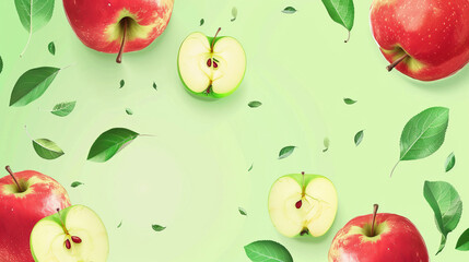 Beautiful red apples and cut halves appear to float with leaves on a soft green background