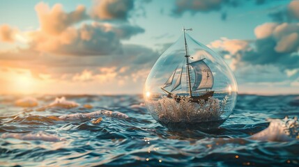 Maritime treasure tucked inside a glass vessel, adrift on the vast ocean.