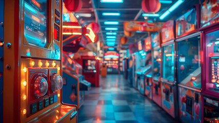 Fototapeta premium Claw game machine waits eagerly for players in a brightly lit amusement arcade