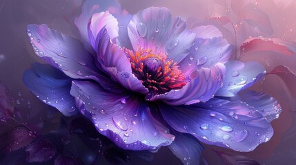 Oil painting of a beautiful purple flower with white petals