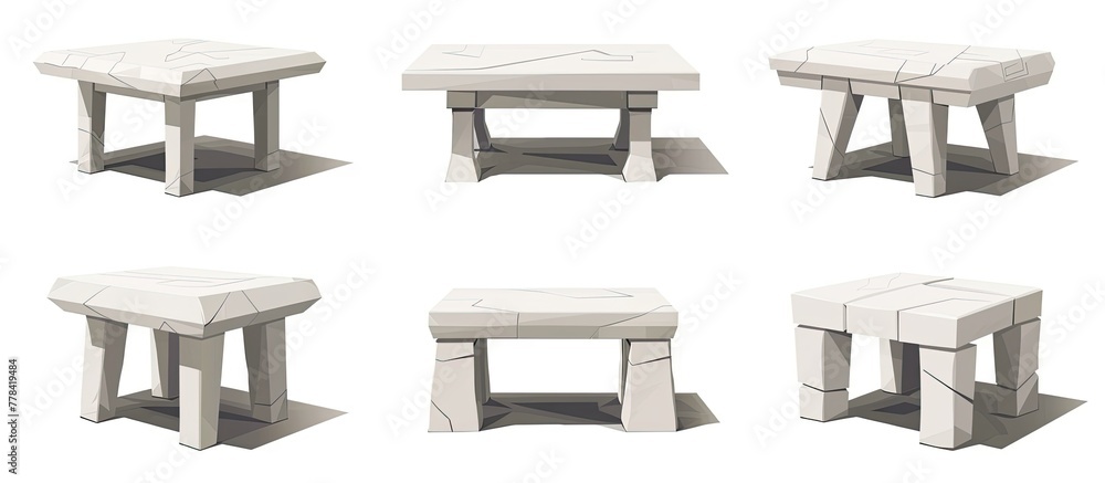 Poster an urban design featuring a set of six white concrete stools arranged in different positions on a wh