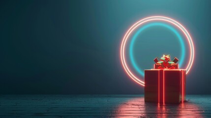 3D render of a neon ring levitated over a blue background. Modern minimalist wallpaper for Christmas. - obrazy, fototapety, plakaty