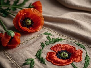 Ukrainian red poppies lies on a linen embroidered tablecloth. Ornament. Vivid color photograph.