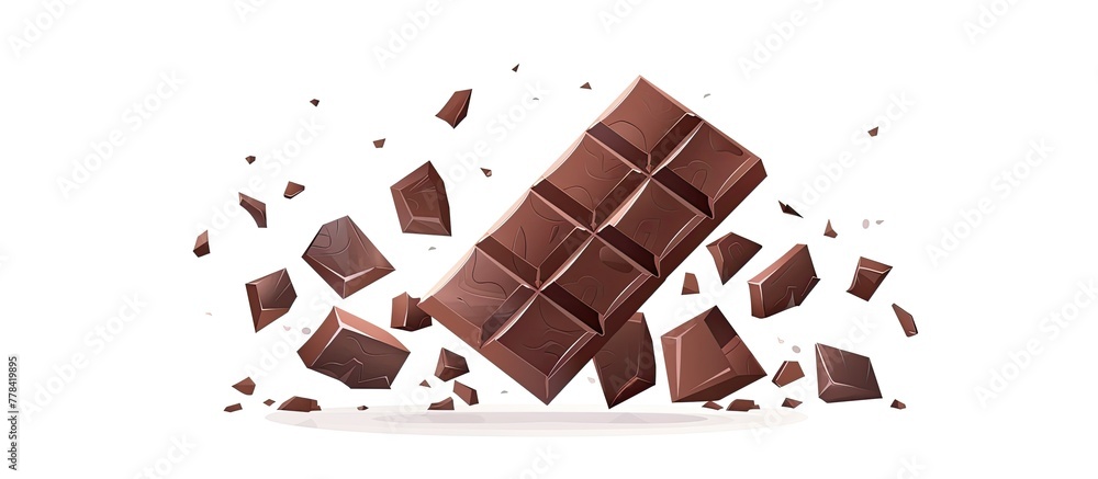 Poster a chocolate bar is shattering into small rectangular pieces on a plain white background, creating a 
