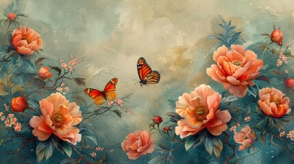 Watercolor illustration of pink peonies with butterflies on the petals