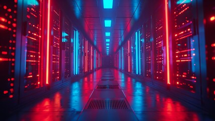 Vibrant server racks in a data center with red and blue lighting