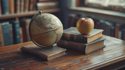 Globe, books, and apple arranged for a creative educational composition in light hues
