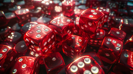 Red gaming dice with white numbers stacked in abundance