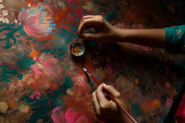 A person is painting a colorful floral design on a piece of fabric