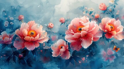 Watercolor illustration of pink peonies with butterflies on the petals