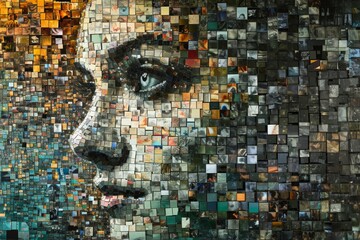 This photo showcases a close-up view of a face created using a mosaic of many differently colored...