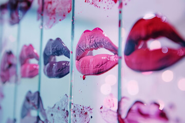 Assorted lipstick kiss prints in multiple shades on a misted glass surface