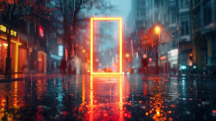 Evening drizzle in a cityscape, surrounded by the ambient light of a neon rectangle