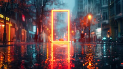Fototapeta premium Evening drizzle in a cityscape, surrounded by the ambient light of a neon rectangle