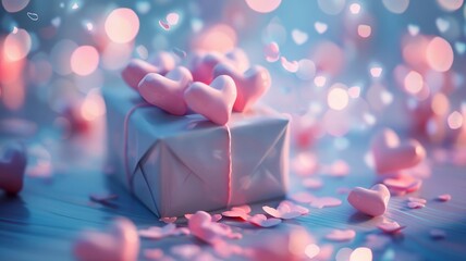 Pastel hearts float around a present, casting gentle shadows in soft light