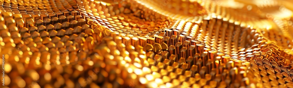 Poster textured golden surfaces forming a honeycomb pattern. shimmering hexagonal design with dynamic light