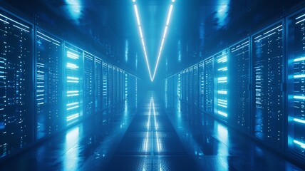 Shimmering data storage facility with deep blue ambiance