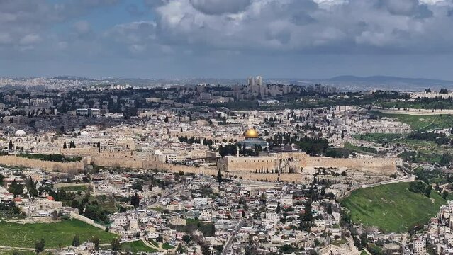 Jerusalem old city aerial flight on ramadan 
Drone view of old city of Jerusalem with al aqsa mosque, ramadan, April,03,2024
