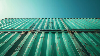 green cargo container hoisted against a clear sky, awaiting its journey at the port