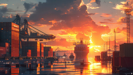 Busy dockside activity with a towering ship and stacked containers at sunset