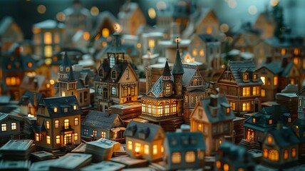 Soft dusk light over miniature family homes amid rising stacks of currency