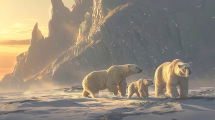 Keuken spatwand met foto A family of polar bears traversing the frozen tundra at the base of an ice mountain, their fur glistening in the soft light of the setting sun as they search for food amidst the snow and ice. © Balqees