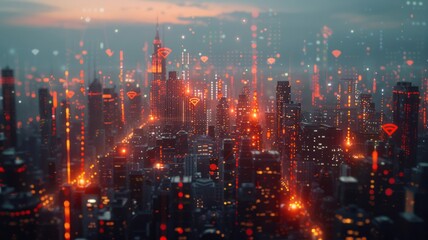 Overhead cityscape illuminates with dynamic connectivity symbols at twilight