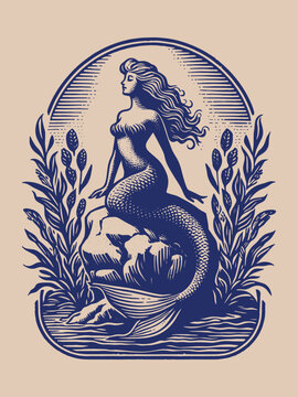 Beautiful mermaid sitting on a stone sitting on a stone between seaweed. Engraving vintage vector illustration, monochrome old eblem. Woodcut. Blue and beige