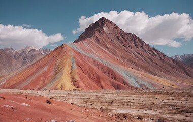 Colorful mountain rising amidst desert, framed by clear sky and fluffy clouds