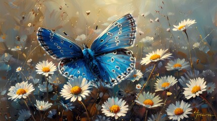 Beautiful blue butterfly on white daisies flowers, oil painting