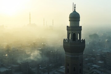 A tall tower with a clock on top stands prominently against the cityscape, showcasing its grandeur and continued functionality, A mosque's minaret against a cityscape, AI Generated