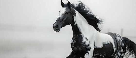 Elegant Piebald Steed in Motion, B&W Serenity. Concept Animal Photography, Equine Beauty, Monochrome Elegance