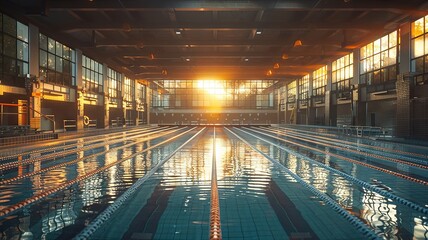 Crisp morning light casting on a serene competition swimming pool