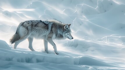 A lone wolf prowling the snow-covered slopes of an ice mountain, its fur ruffled by the chill wind as it searches for prey amidst the frozen landscape.