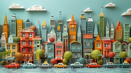 Quilled Cityscape: Vibrant Paper Art Depicting Urban Life.