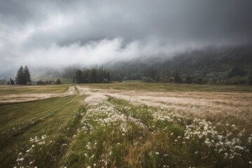 A soft mist hangs low over a green field, creating a peaceful natural landscape